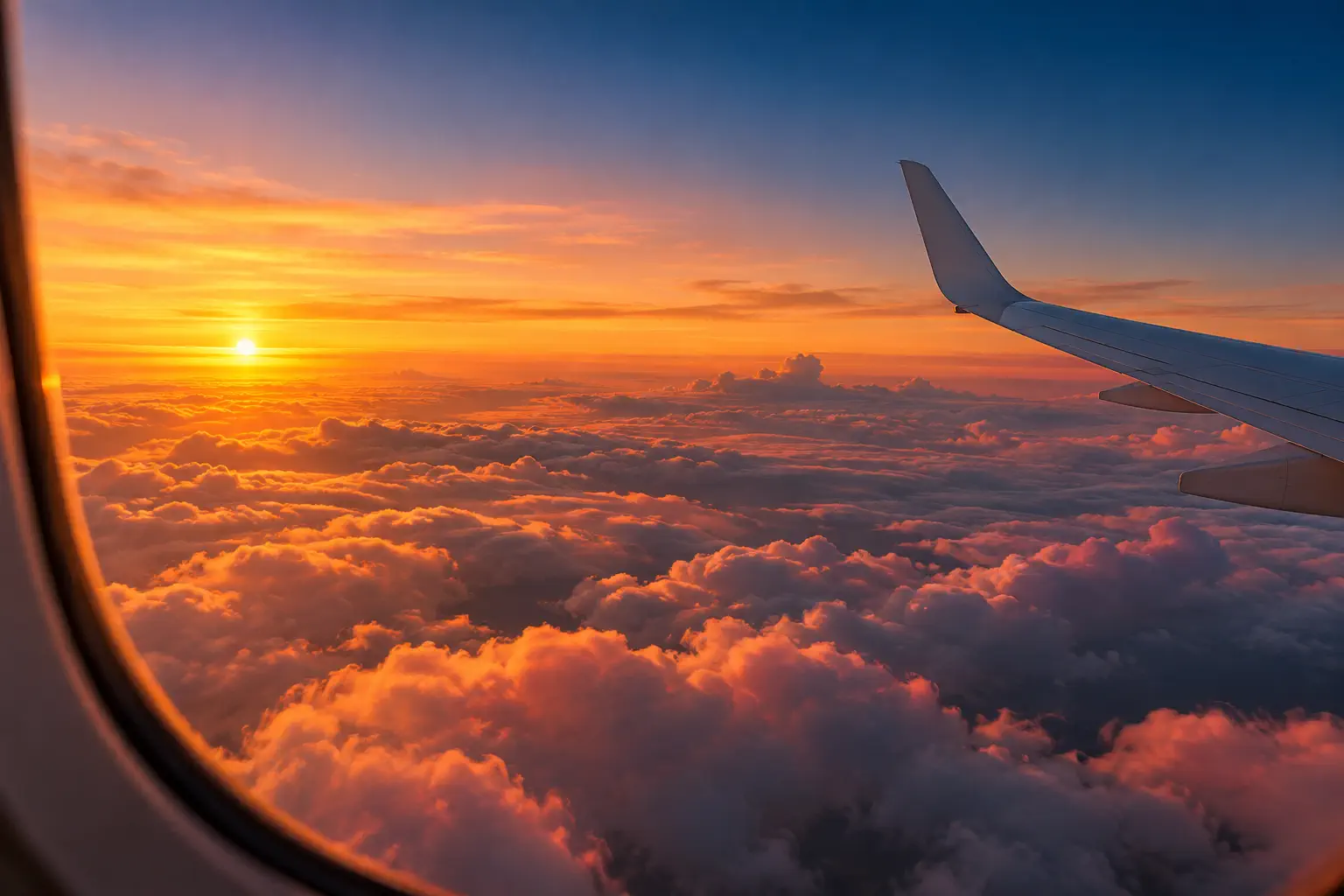 Asa de avião sobre um mar de nuvens ao pôr do sol