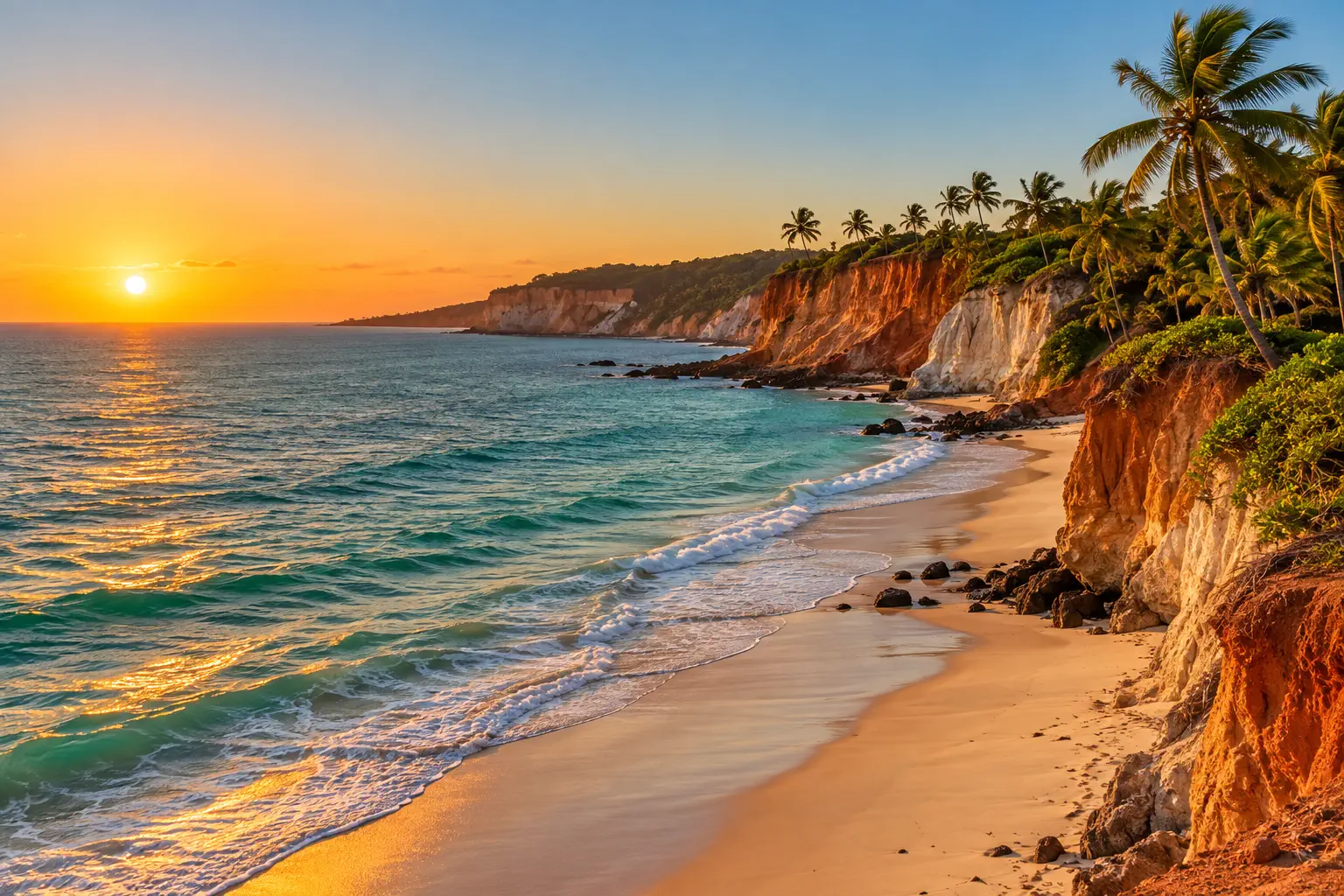 Praia do Nordeste brasileiro com coqueiros no fim da tarde