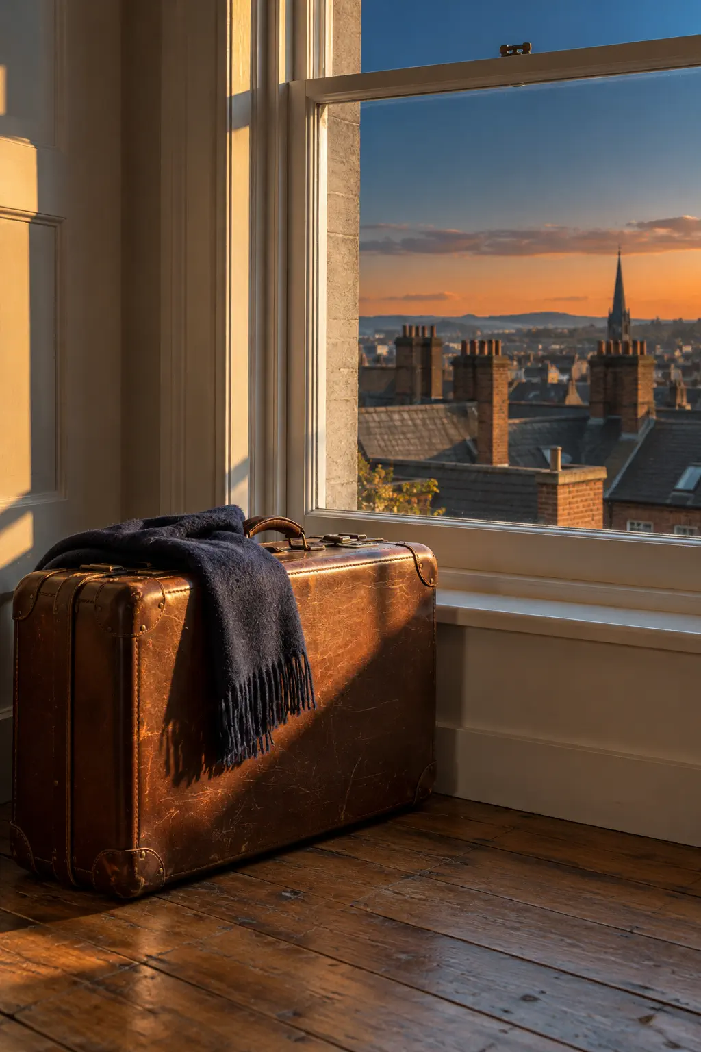 Mala de couro ao lado da janela de um apartamento em Dublin, com telhados e chaminés ao pôr do sol